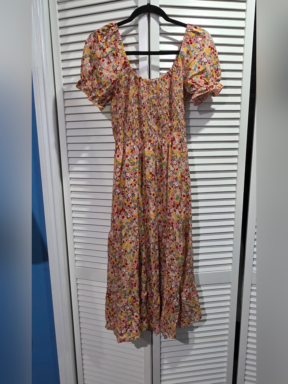 Smocked Floral Midi Dress in Peach with Multi Color Blossoms